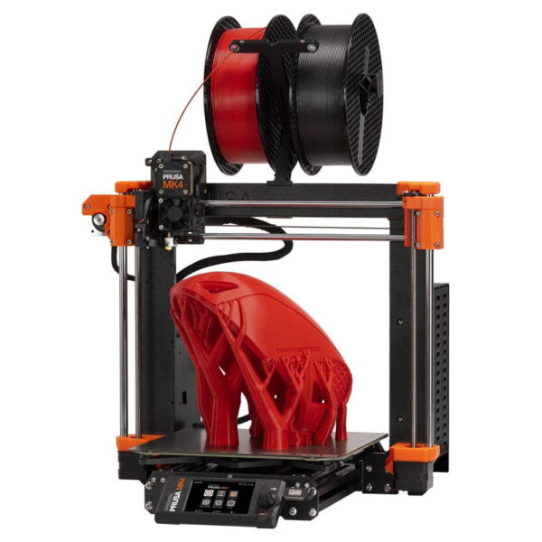 Prusa MK4 3D printer with red model on print bed